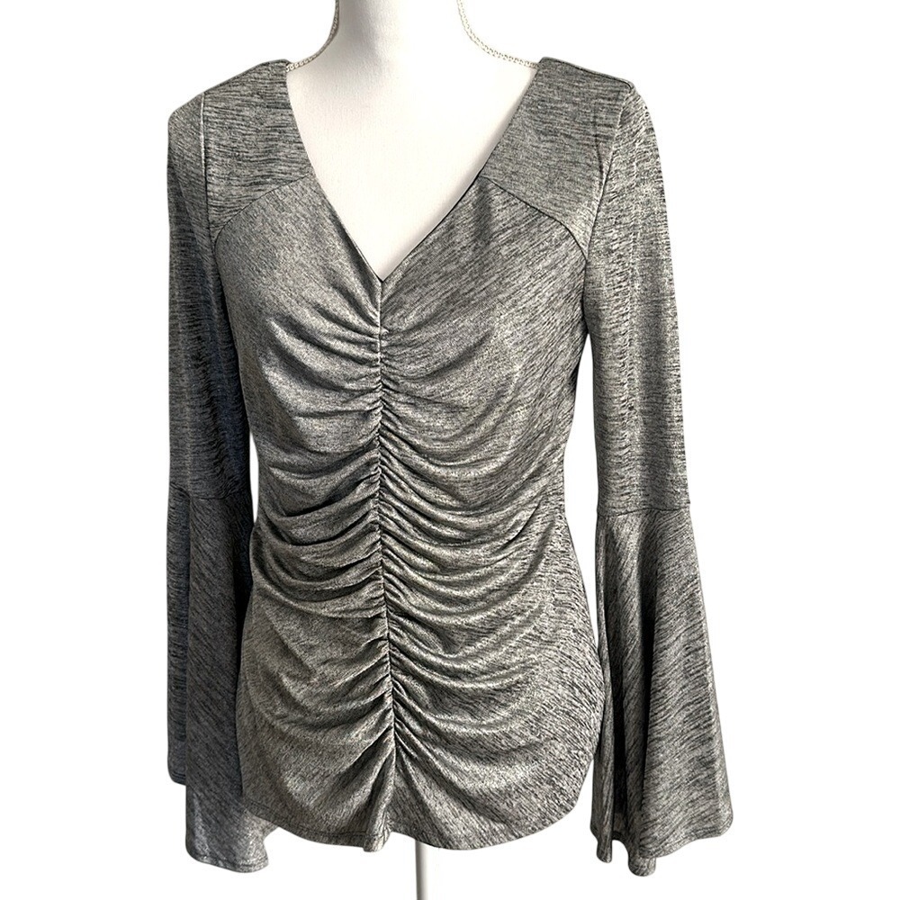 Women's Thalia Sodi Size Small Bell Sleeve Ruched V-Neck‎ Blouse Silver Evening